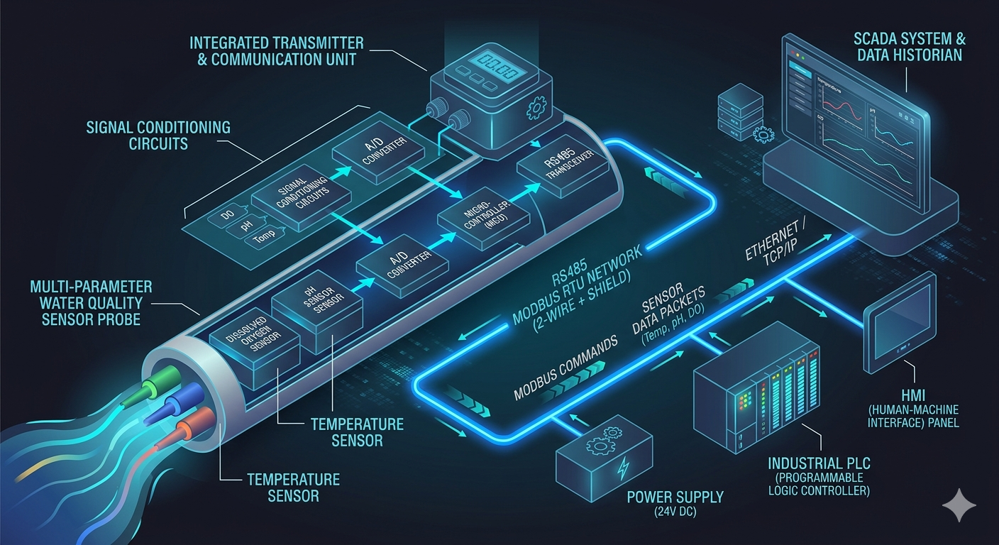 Multi-parameter water quality sensor system architecture diagram