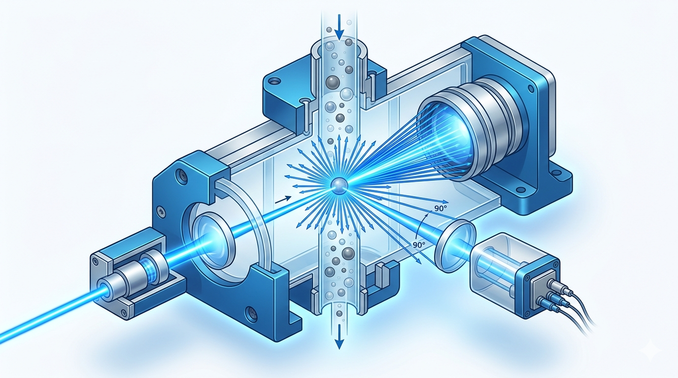 Laser scattering principle diagram showing light diffraction patterns from particulate matter detection in optical sensors