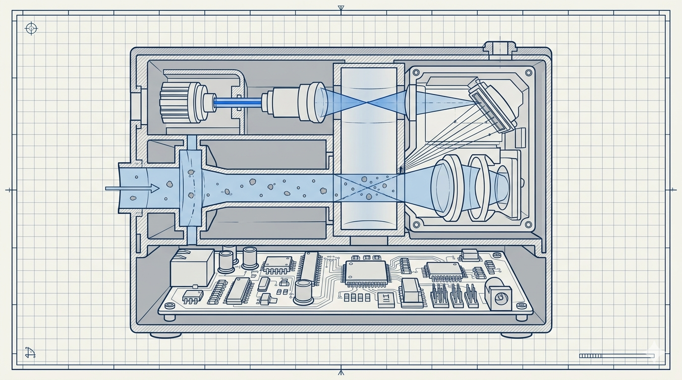 Internal structure diagram of optical particle counter showing laser diode photodetector and sampling chamber layout