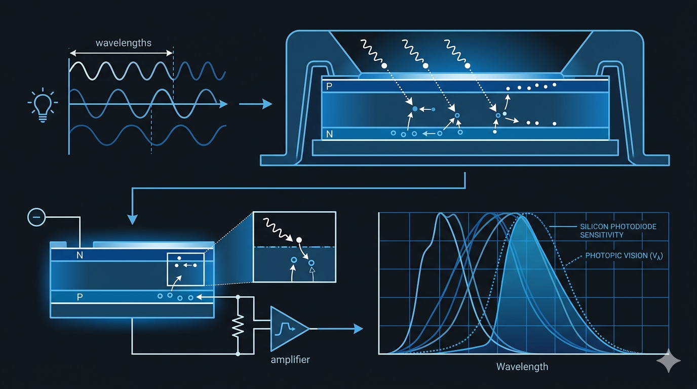 Photoelectric illuminance sensor technical schematic with spectral curves