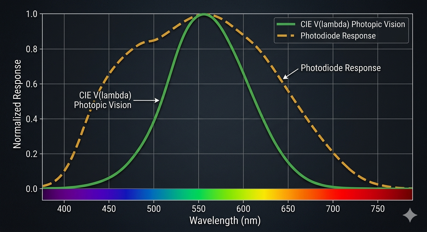 CIE V-lambda photopic vision curve spectral sensitivity comparison