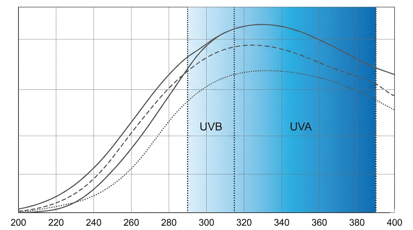 Solar radiation spectrum highlighting UVA and UVB wavelength bands