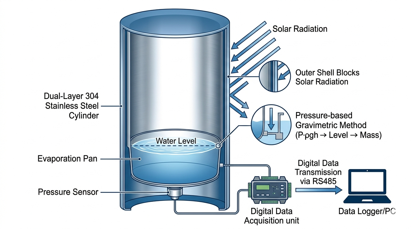 Pressure-based gravimetric evaporation monitoring system with dual-layer stainless steel structure and digital sensor architecture