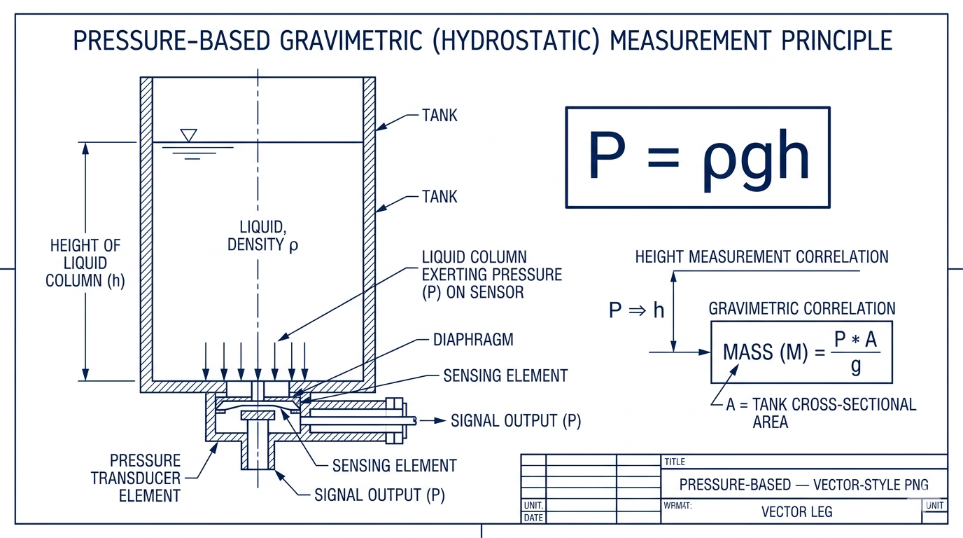 Pressure sensor gravimetric measurement principle diagram showing liquid column height and pressure correlation