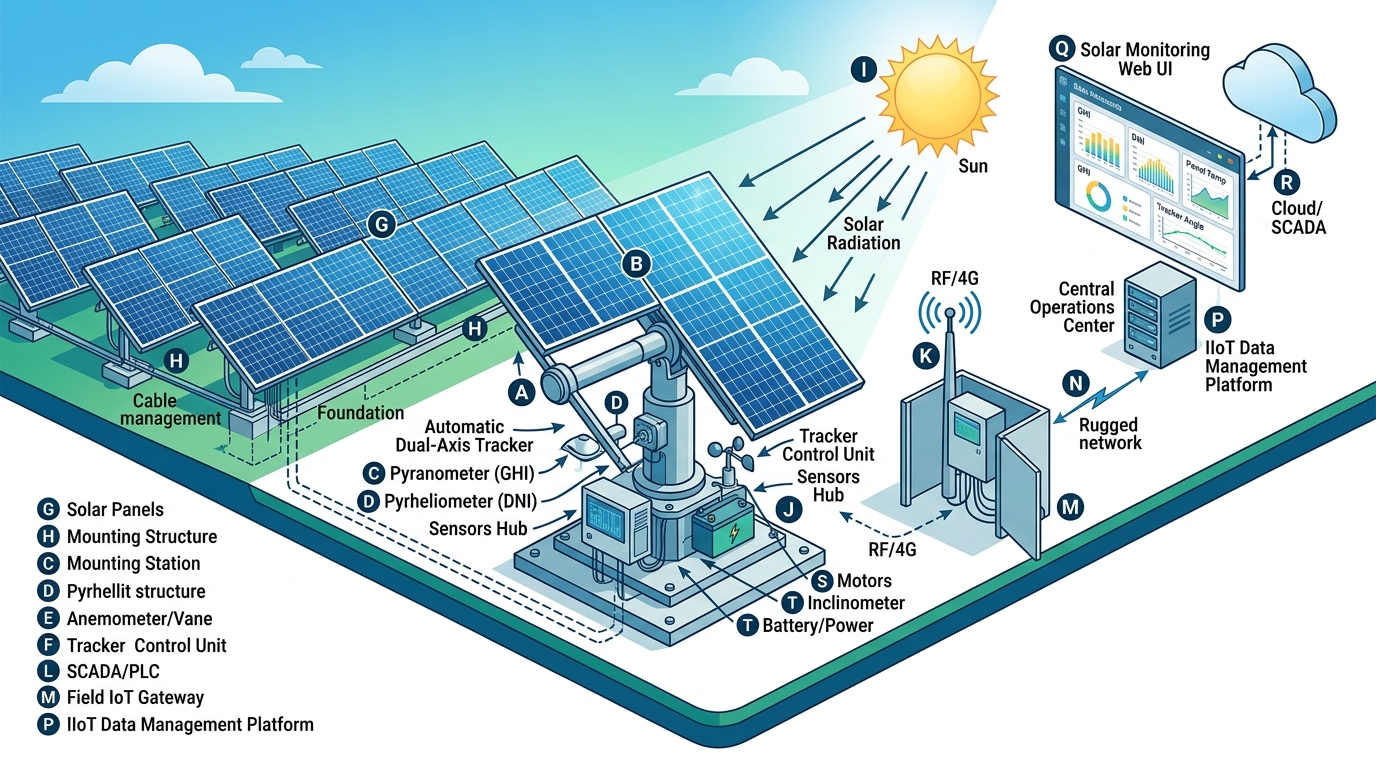 Solar farm monitoring deployment showing automatic radiation tracking transmitters installed in photovoltaic power station environment