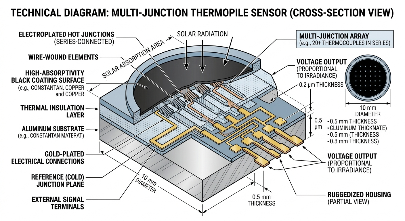 Multi-junction thermopile sensor structure diagram showing wire-wound electroplated elements and high-absorptivity black coating layers for broadband solar radiation detection