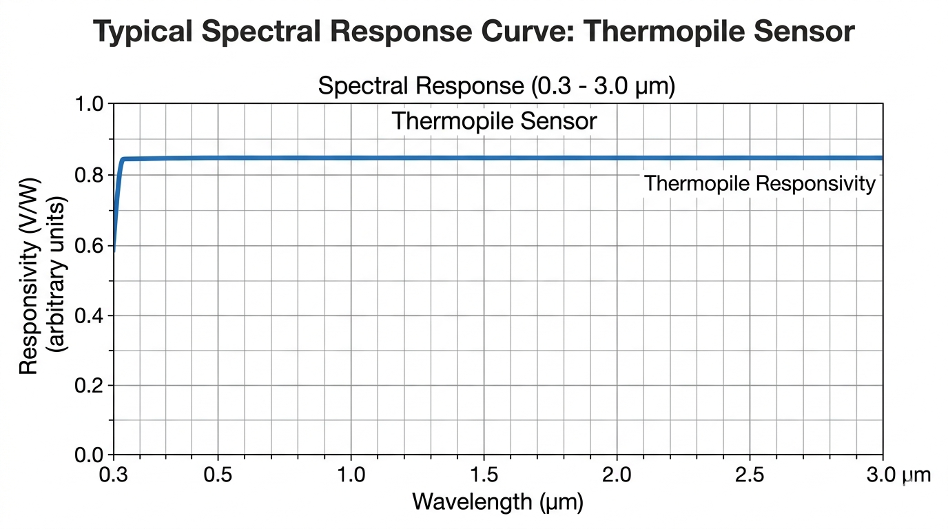 Broadband spectral response curve chart displaying 0.3 to 3 micrometer wavelength coverage for thermopile pyranometer applications
