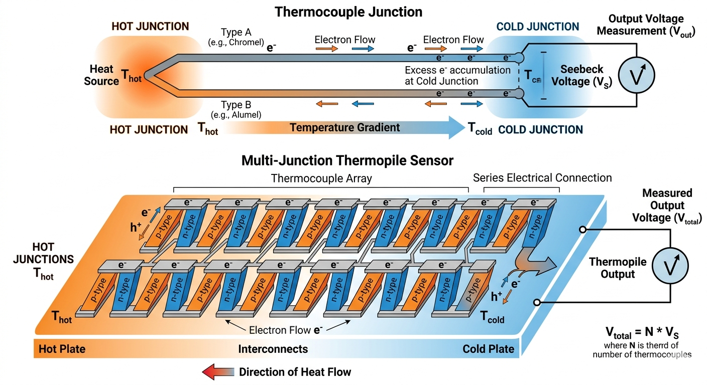Seebeck effect diagram illustrating thermoelectric voltage generation in multi-junction thermopile sensors for radiation measurement