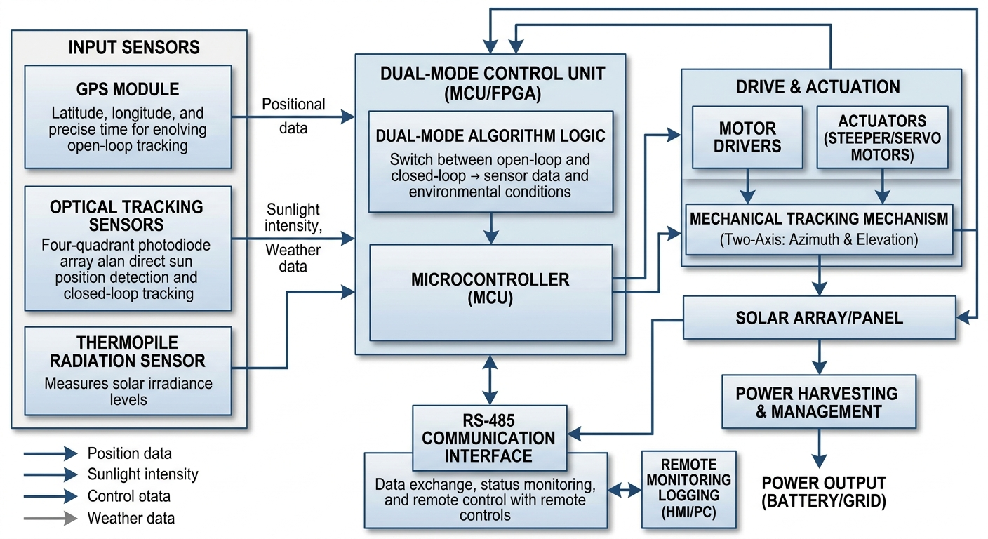 Dual-mode tracking system architecture diagram combining optical sensors and GPS positioning for automatic solar radiation monitoring