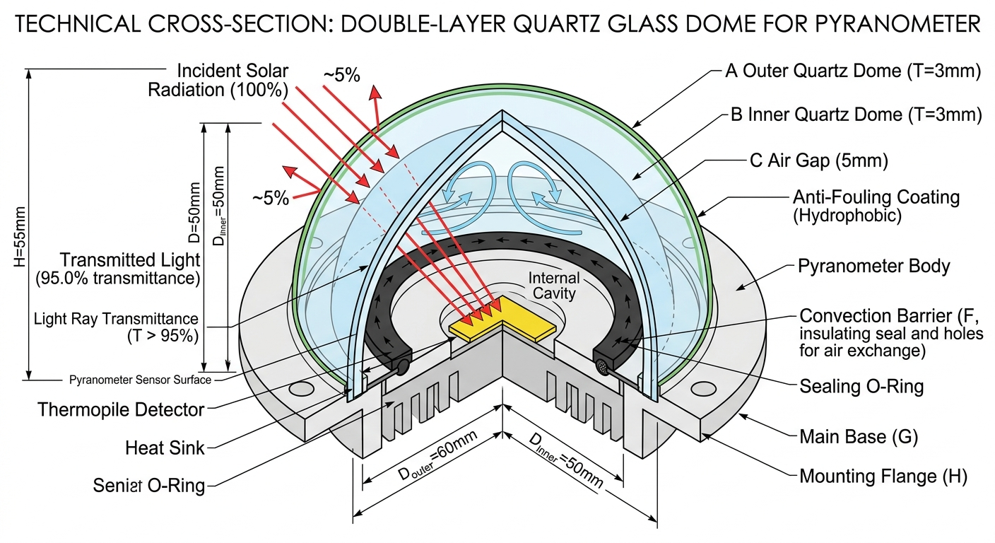 Double-layer quartz glass dome optical transmission