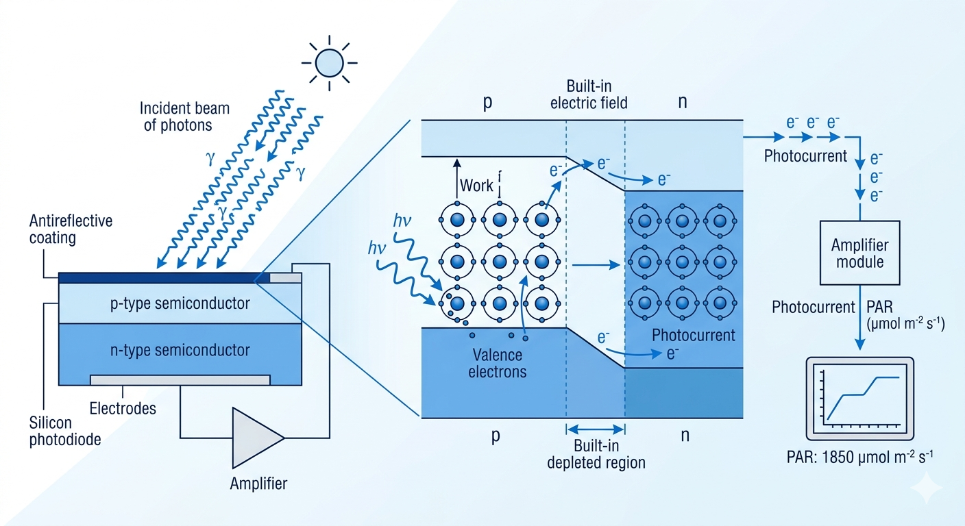 Quantum PAR sensor photoelectric effect principle diagram for agricultural applications