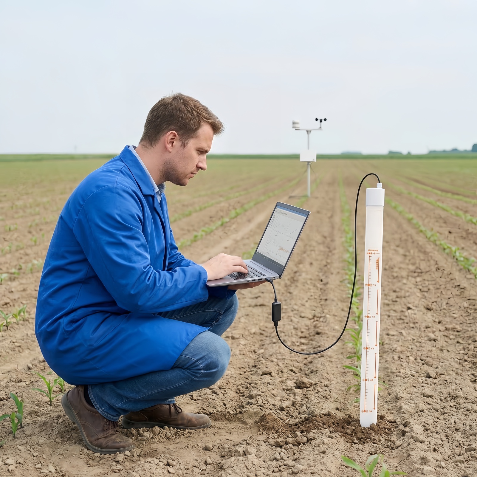 Scientific research application scene showing researcher in blue jacket using laptop connected to soil moisture sensor installed in agricultural field with weather station in background