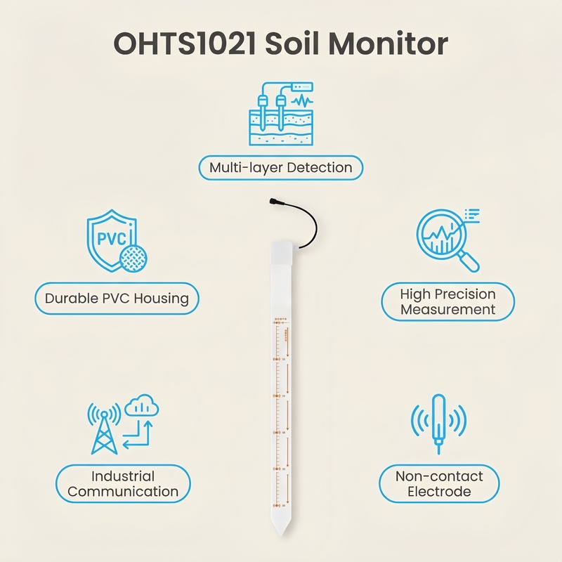 Core product advantages overview with icons showing multi-layer detection, durable PVC housing, high precision measurement, industrial communication, and non-contact electrode design