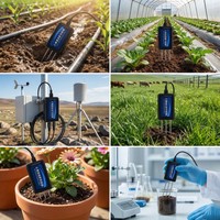 OHTS1022 soil sensor multi-scene application collage showing agricultural irrigation, greenhouse cultivation, meteorological monitoring, pasture management, potted plants, and scientific research laboratory use
