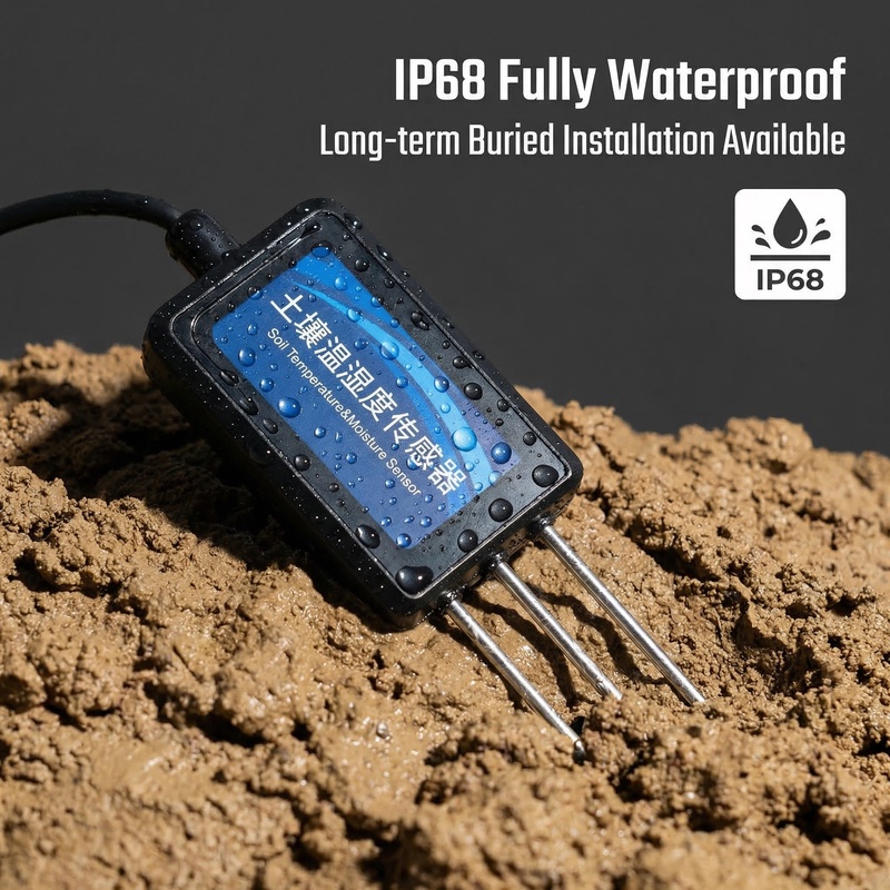 OHTS1022 sensor IP68 fully waterproof feature demonstration installed in soil with water droplets on surface showing long-term buried installation capability