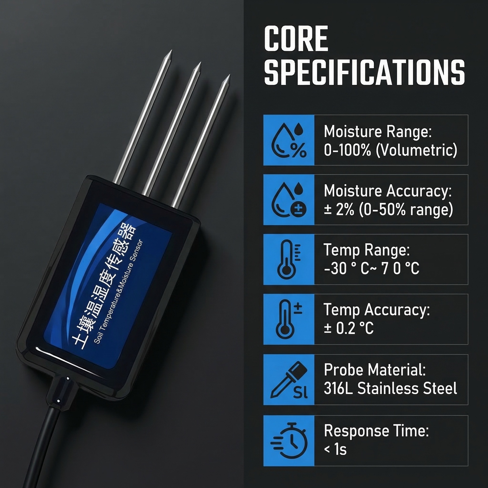 OHTS1022 core specifications infographic displaying moisture range 0-100%, accuracy ±2%, temperature range -30 to 70°C, accuracy ±0.2°C, and 316L stainless steel probe material