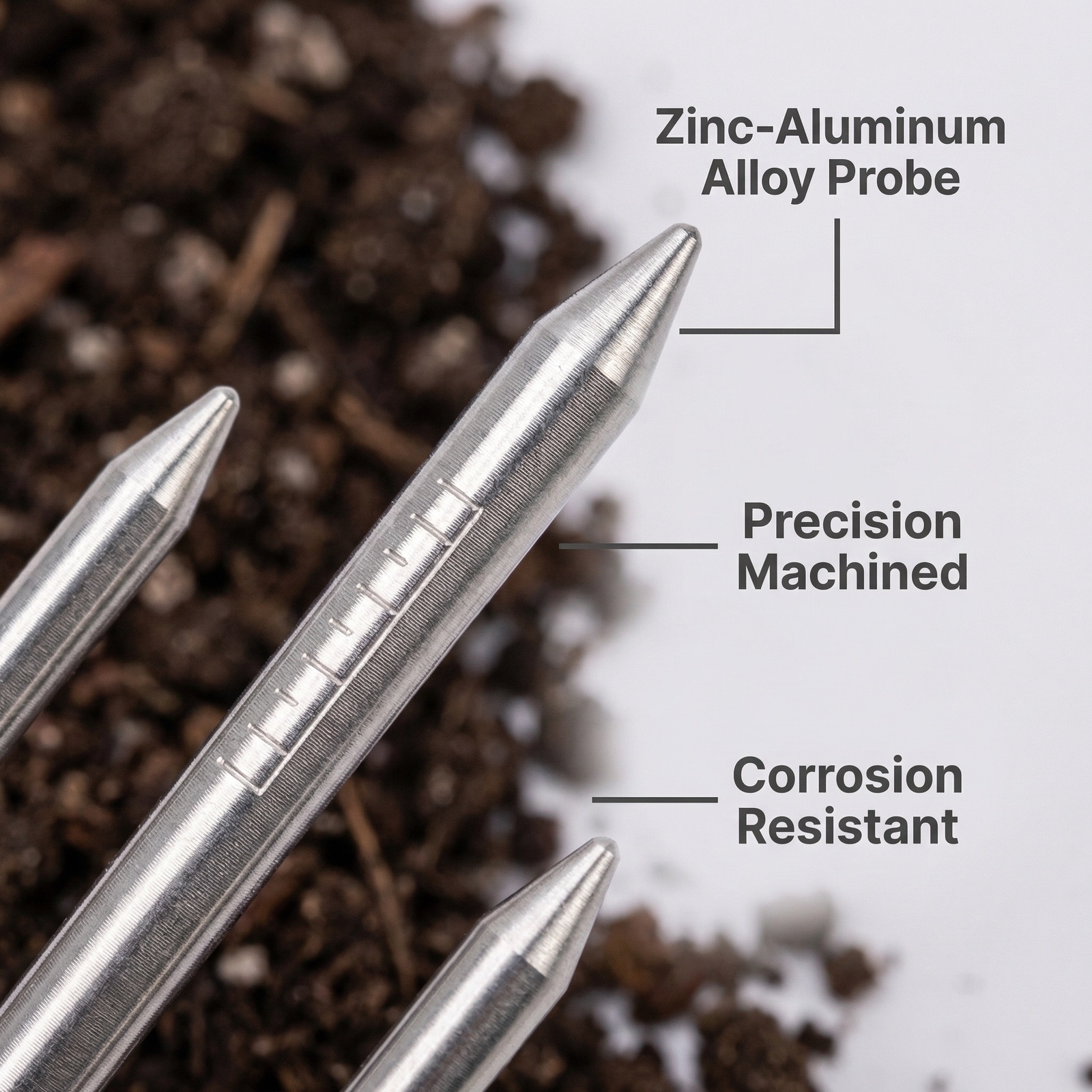 Close-up detail of zinc-aluminum alloy probe showing precision machined corrosion resistant surface