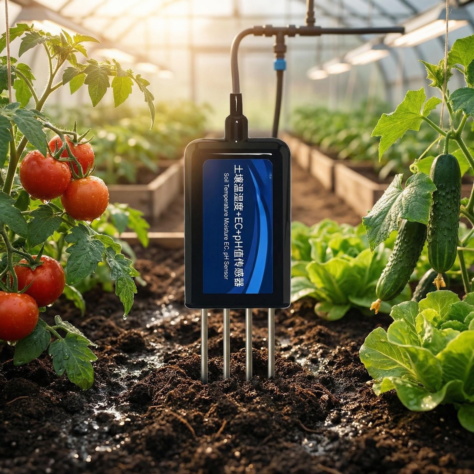 OHTS1024 sensor deployed in greenhouse soil monitoring vegetables for smart agriculture and irrigation control systems