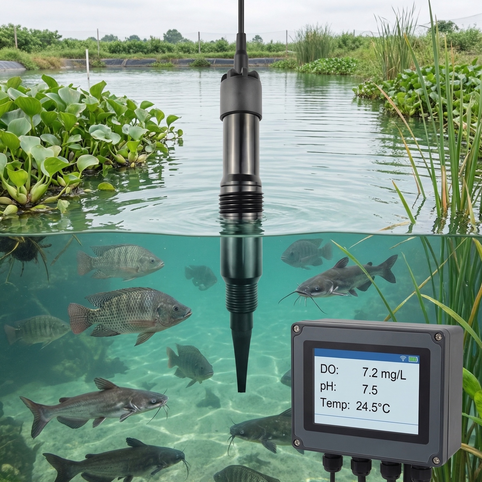 OHTS1031 sensor real-time monitoring application in aquaculture pond with fish showing dissolved oxygen pH and temperature readings