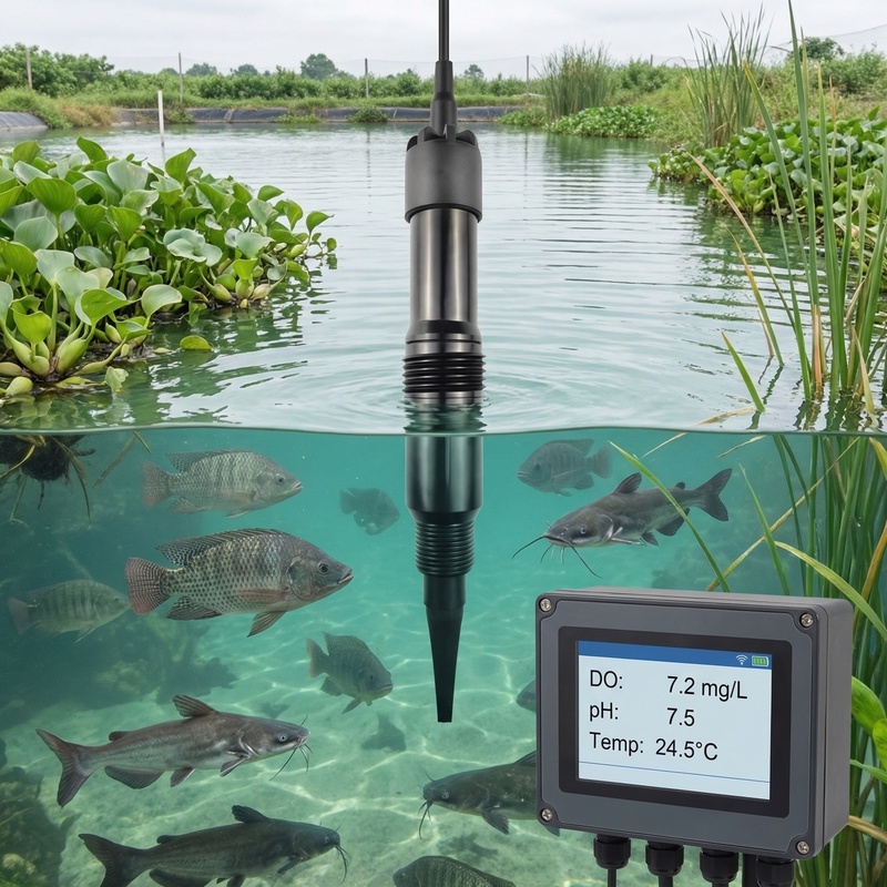 OHTS1031 sensor real-time monitoring application in aquaculture pond with fish showing dissolved oxygen pH and temperature readings