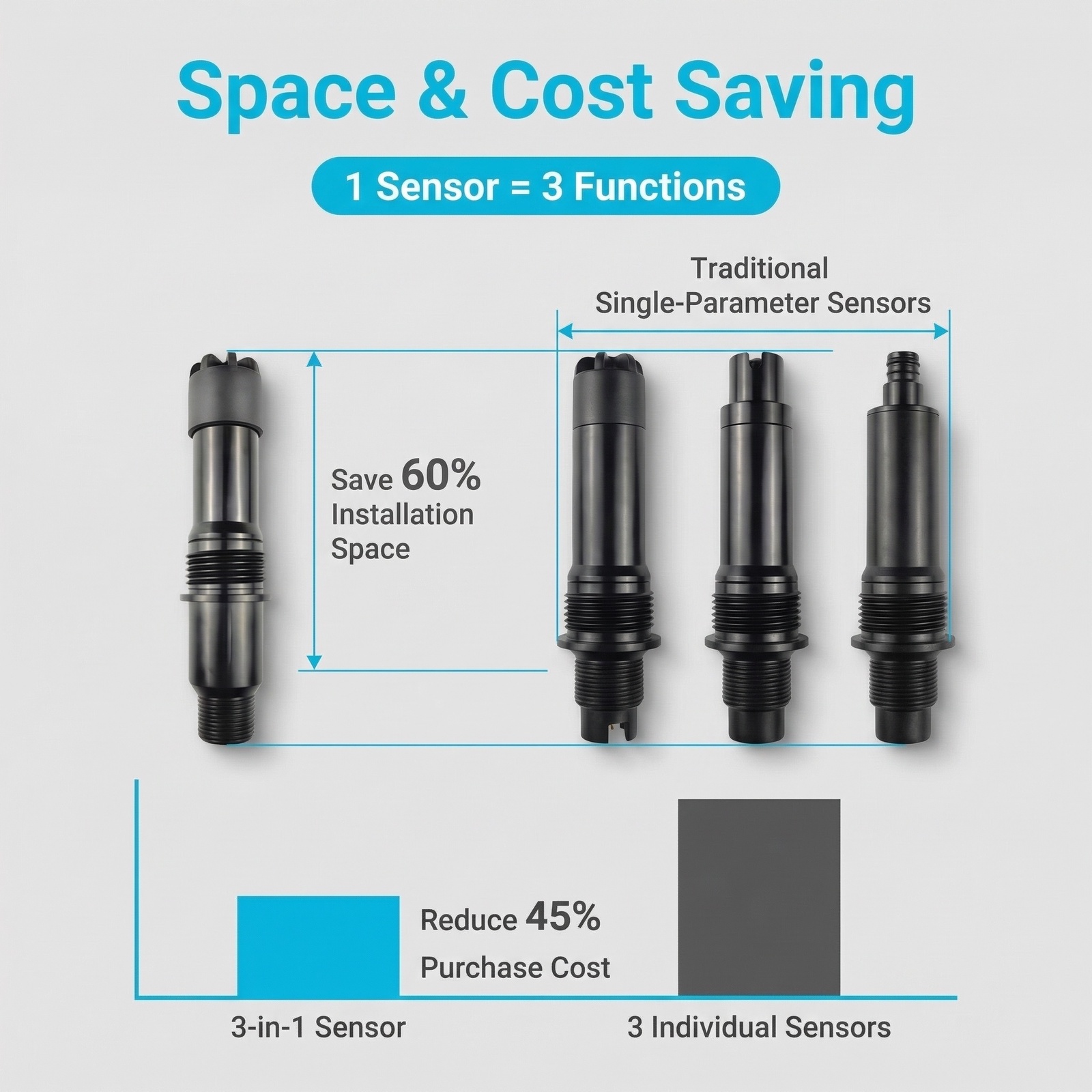 OHTS1031 advantage comparison showing 60 percent space saving and 45 percent cost reduction versus traditional single-parameter sensors