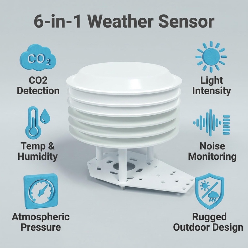 OHTS1060 six-in-one weather sensor core features overview with CO2 light temperature humidity noise pressure and rugged design icons