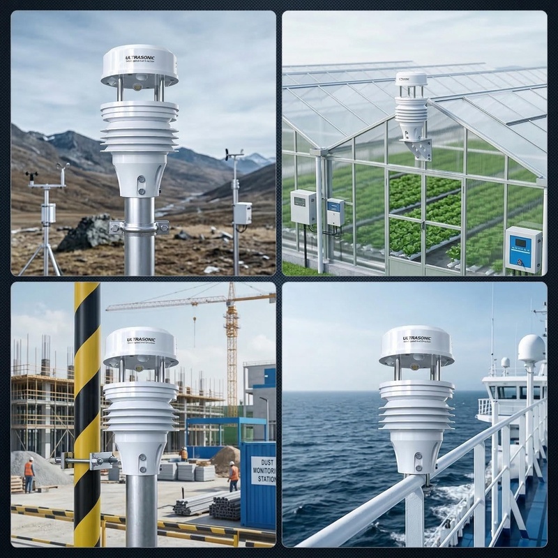 OHTS1070 Ultrasonic Weather Station multiple application scenarios including meteorological monitoring station, smart agriculture greenhouse, construction site dust monitoring, and marine vessel mobile weather monitoring