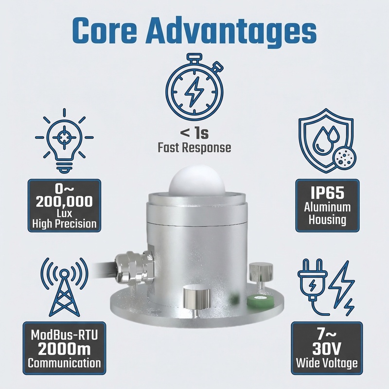 OHTS1091 illuminance sensor core advantages overview featuring 0-200000Lux range IP65 protection ModBus-RTU protocol and wide voltage supply