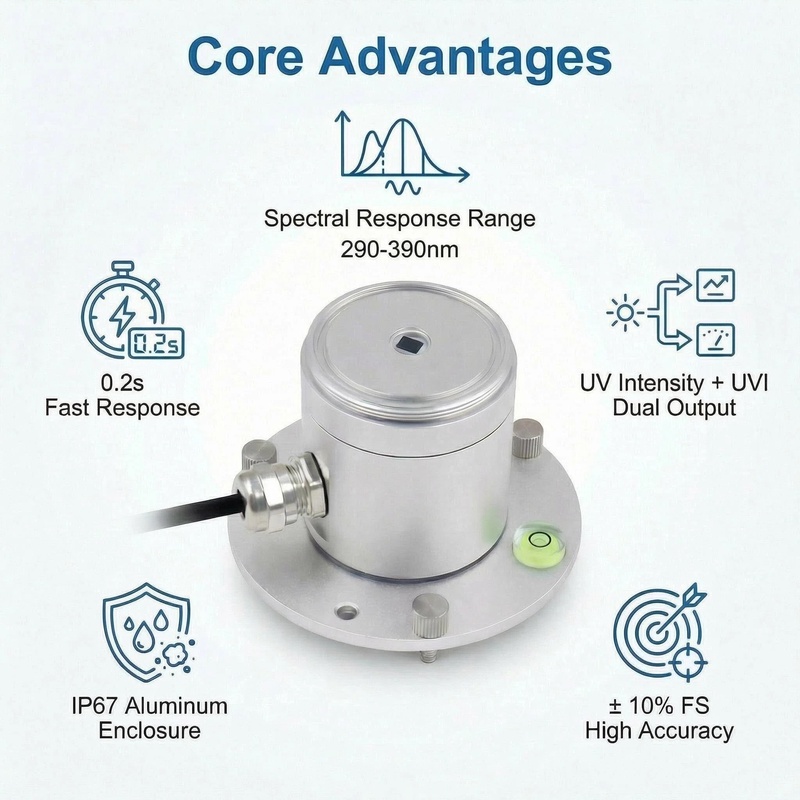 OHTS1092 core advantages diagram featuring 0.2s fast response time dual UV output IP67 aluminum enclosure and high accuracy