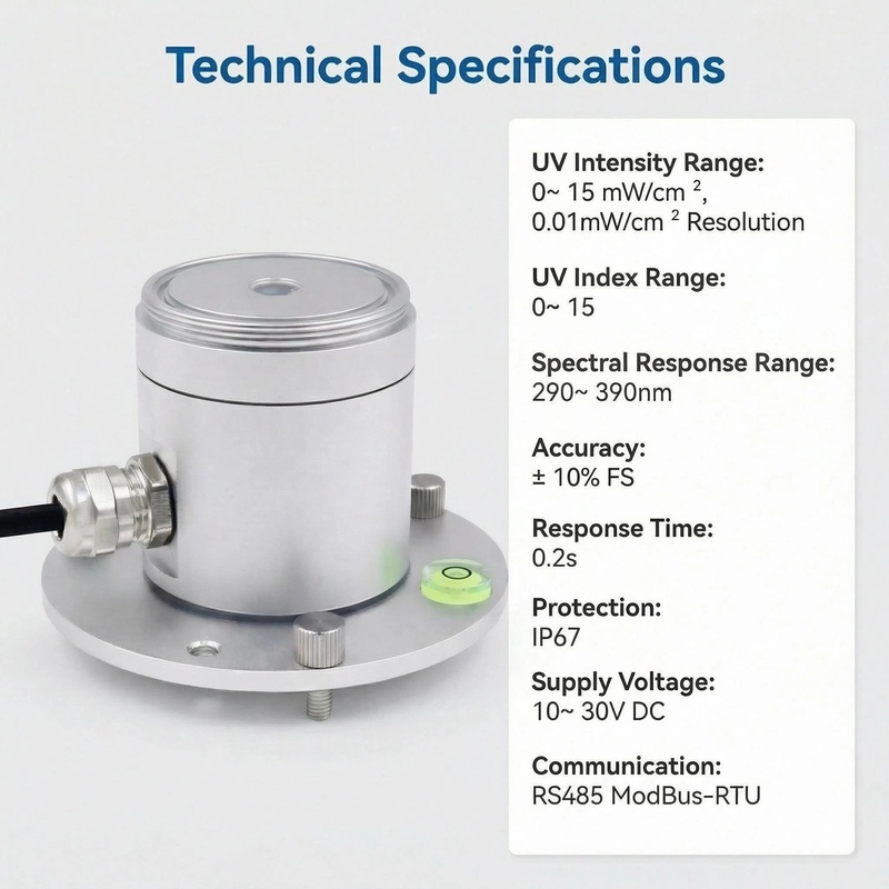 OHTS1092 technical specifications chart displaying UV intensity range 0-15 mW/cm² resolution 0.01mW/cm² UV index 0-15 and RS485 ModBus-RTU interface