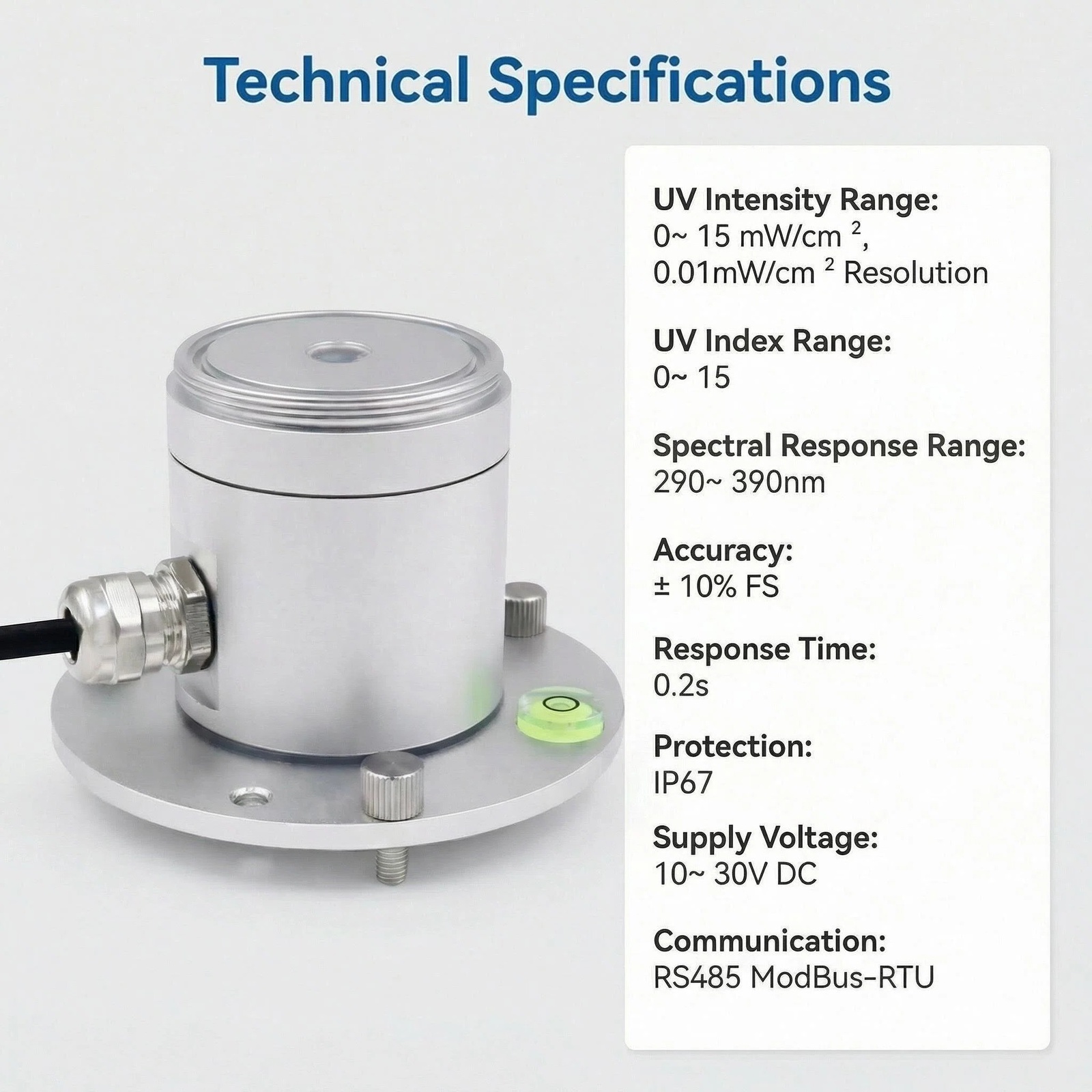 OHTS1092 technical specifications chart displaying UV intensity range 0-15 mW/cm² resolution 0.01mW/cm² UV index 0-15 and RS485 ModBus-RTU interface