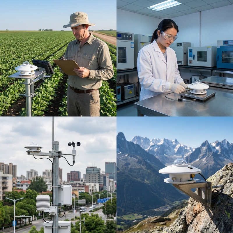 OHTS1095 Pyranometer multi-field deployment scenarios including agriculture ecosystem PAR monitoring, laboratory calibration, urban atmospheric pollution monitoring, and polar mountain scientific expeditions