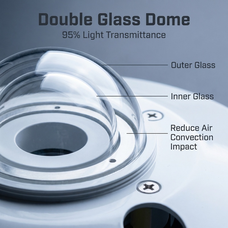 OHTS1095 Pyranometer double-layer quartz glass dome close-up detail showing 95% light transmittance, outer and inner glass structure with reduced air convection impact