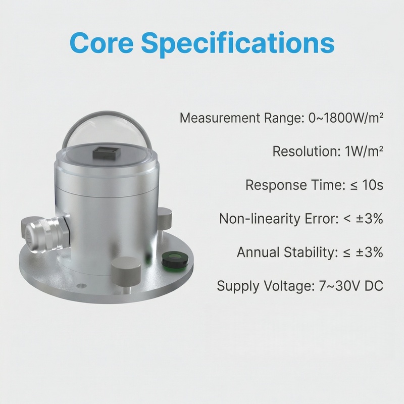 OHTS1096 core technical specifications including measurement range 0-1800W/m2 and supply voltage 7-30V DC