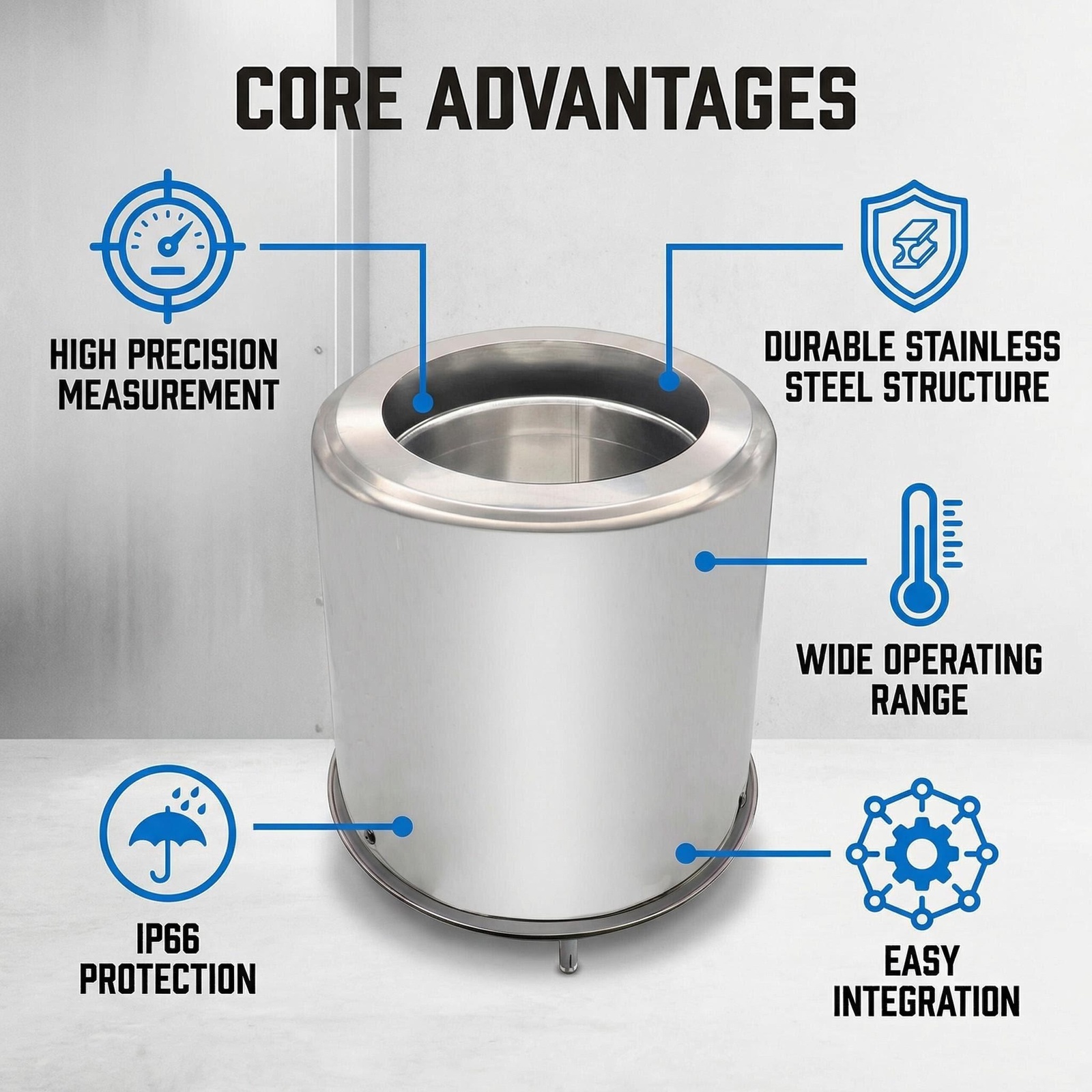 OHTS1098 core advantages overview highlighting high precision measurement, durable stainless steel structure, IP66 protection, wide operating range and easy RS485 integration