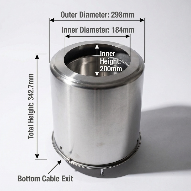 OHTS1098 detailed dimensional specifications with outer diameter 298mm, inner diameter 184mm, inner height 200mm, total height 342.7mm and bottom cable exit design