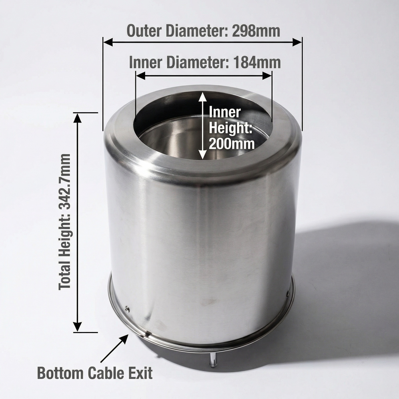 OHTS1098 detailed dimensional specifications with outer diameter 298mm, inner diameter 184mm, inner height 200mm, total height 342.7mm and bottom cable exit design