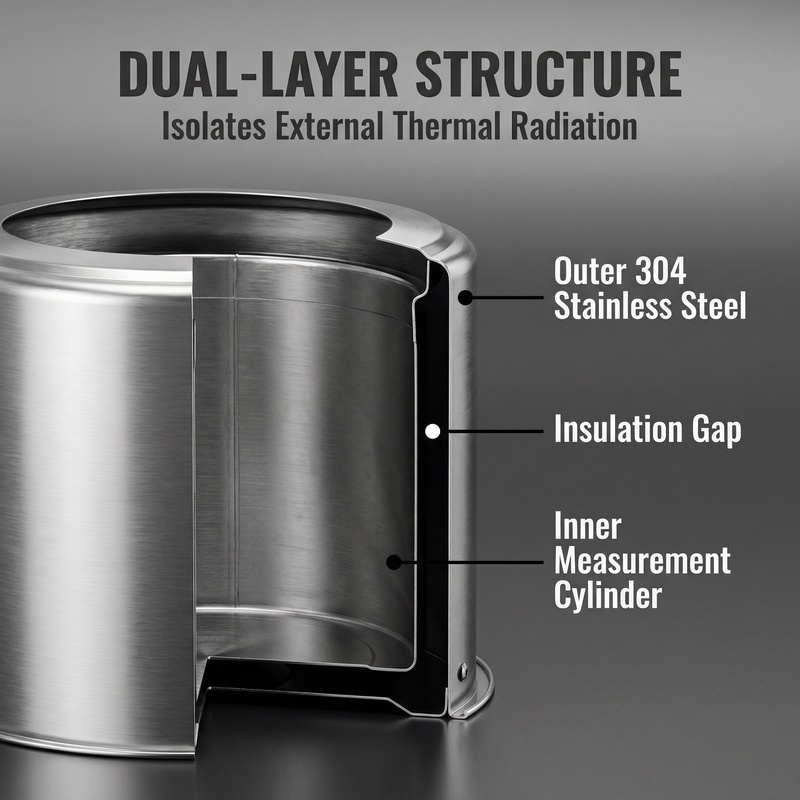 OHTS1098 dual-layer stainless steel structure diagram showing outer 304 stainless steel shell, insulation gap and inner measurement cylinder for thermal radiation isolation