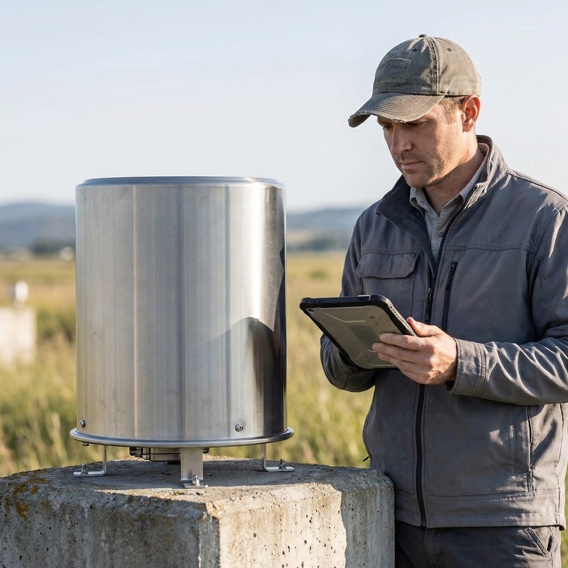 OHTS1098 deployed in outdoor field monitoring environment with technician performing data inspection using tablet on concrete base installation
