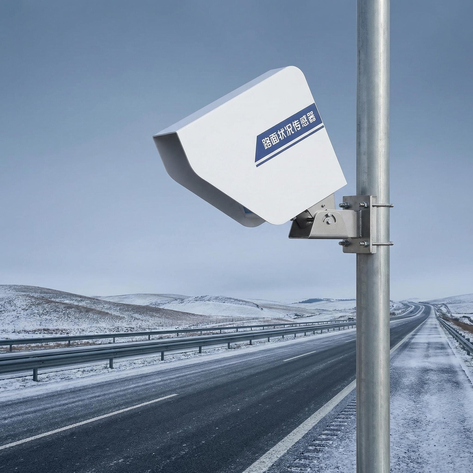 OHTS1120 real world application installed on pole monitoring snowy highway road surface conditions