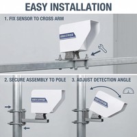 OHTS1120 installation guide showing three steps fix sensor to cross arm secure assembly to pole and adjust detection angle