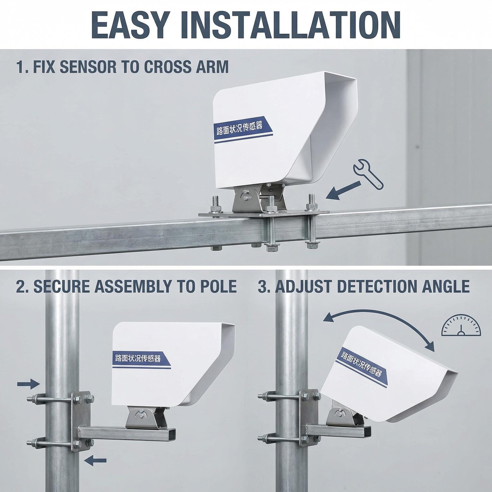 OHTS1120 installation guide showing three steps fix sensor to cross arm secure assembly to pole and adjust detection angle