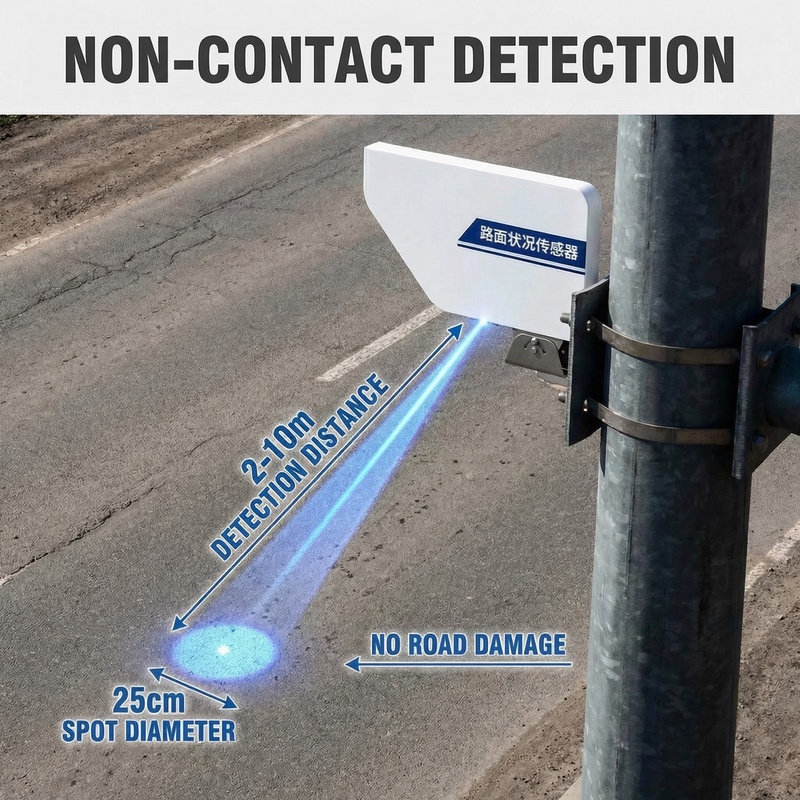 OHTS1120 non-contact laser remote sensing detection demonstration showing 2-10m detection distance and 25cm spot diameter on road surface