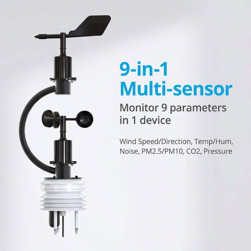 OHTS1123 9-in-1 multi-sensor integration featuring wind speed direction temperature humidity noise PM2.5 PM10 CO2 and atmospheric pressure measurement capabilities