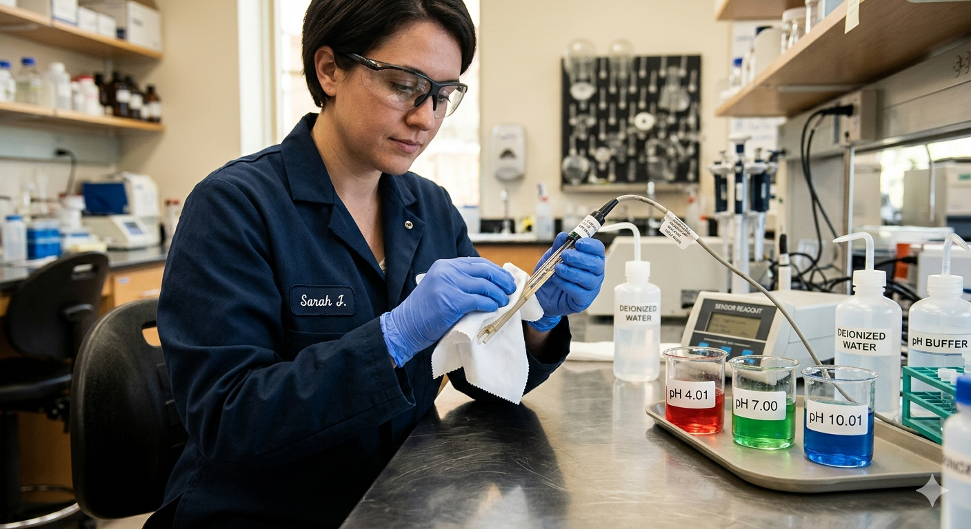 Photo-style illustration showing a technician holding a probe with a calibration solution in hand, with a second probe in the same position