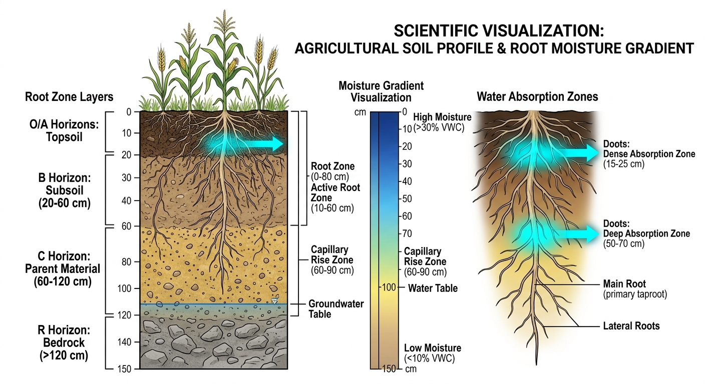 Soil root zone moisture distribution analysis