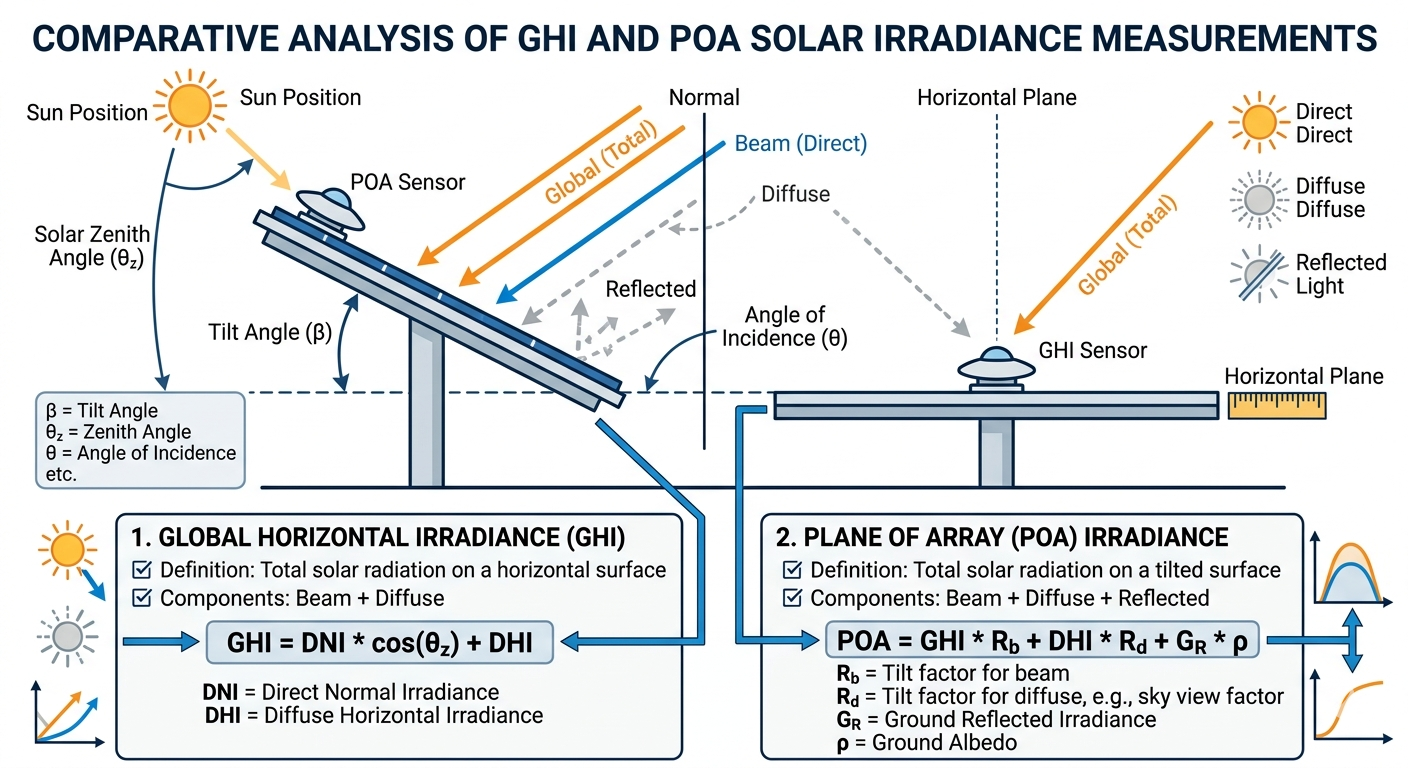 Plane of Array versus Global Horizontal Irradiance measurement comparison diagram