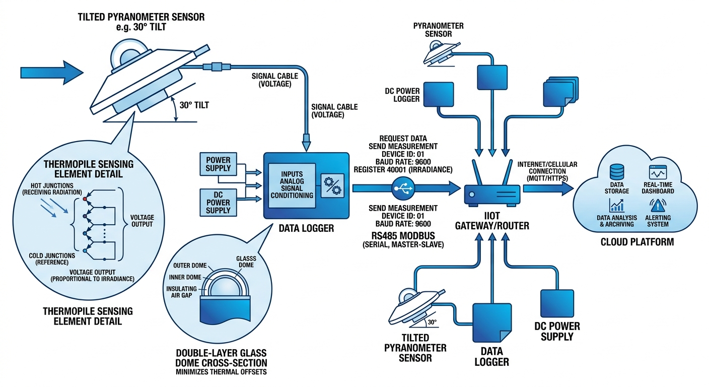 Tilted pyranometer IoT monitoring system architecture diagram