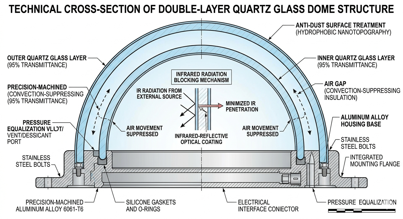 Double-layer quartz glass dome structure with thermal radiation protection