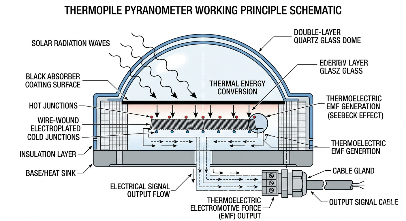 Thermopile sensor working principle diagram showing radiation to electrical signal conversion